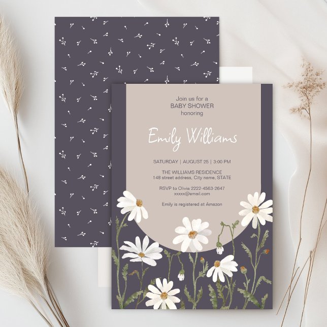 Petite invitation baby shower de marguerite fleur  (Daisy wildflower watercolor baby in bloom floral shower invitation in purple colors, rustic, boho)