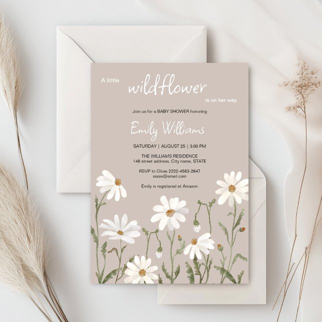 Petite invitation baby shower de marguerite fleur  (Daisy wildflower watercolor baby in bloom floral shower invitation in beige colors, rustic, boho)