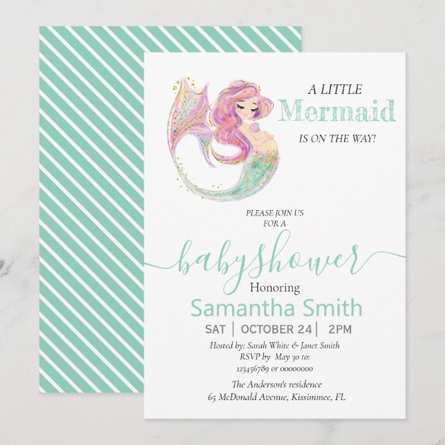 PETITE Invitation Baby shower VERT MERMAID (Devant / Derrière)