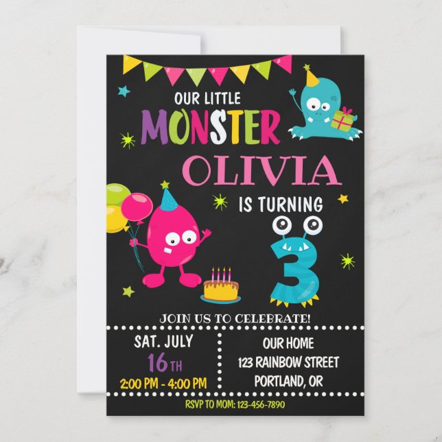 Petite invitation d'anniversaire monstre fille (Devant)