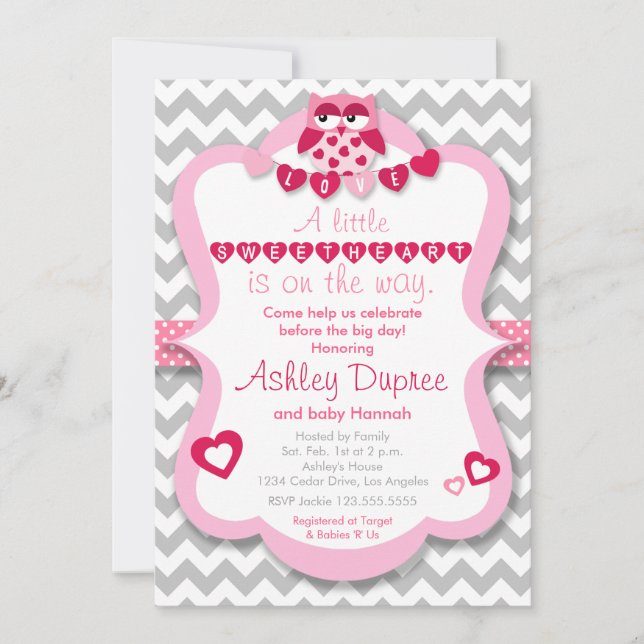 Petite invitation de baby shower de fille de hibou (Devant)