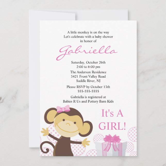 Petite invitation de baby shower de fille de singe (Devant)