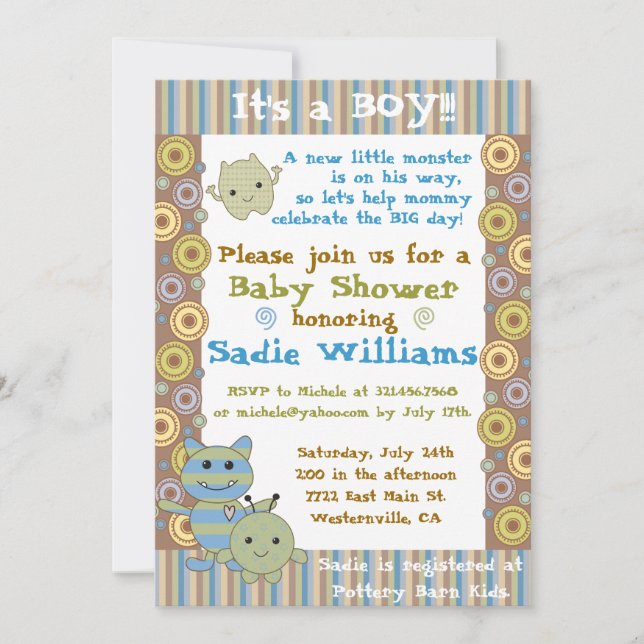 Petite invitation de baby shower de monstres (Devant)