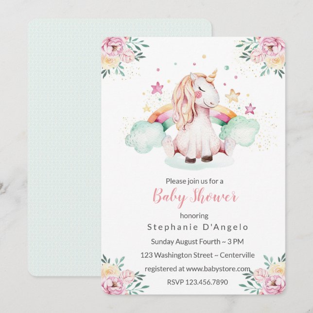 Petite Invitation de Baby shower Unicorn (Devant / Derrière)