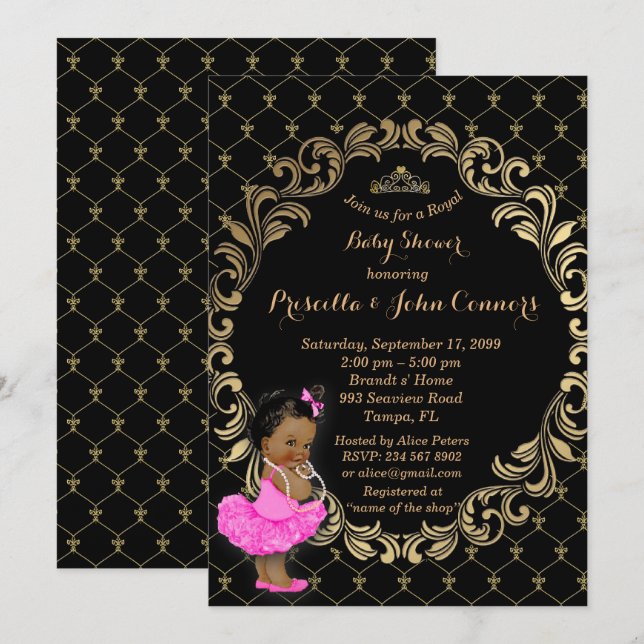 Petite invitation de princesse baby shower, noire (Devant / Derrière)