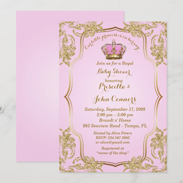 Petite invitation de princesse baby shower, or, (Devant / Derrière)