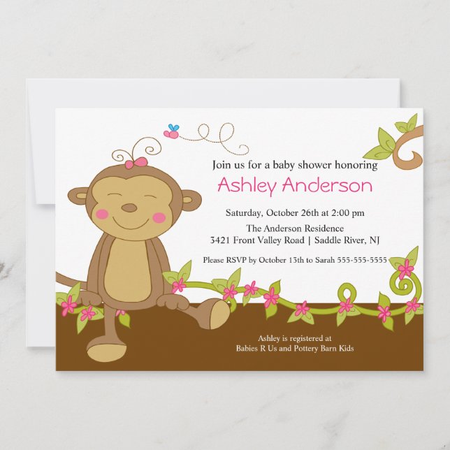 Petite invitation douce de baby shower de singe (Devant)
