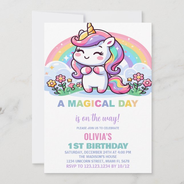 Petite licorne arc-en-ciel Invitations d'anniversa (Devant)
