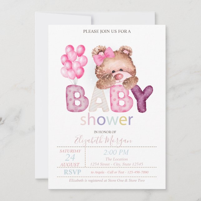 Petite ours Teddy Ballons Baby shower Invitation (Devant)