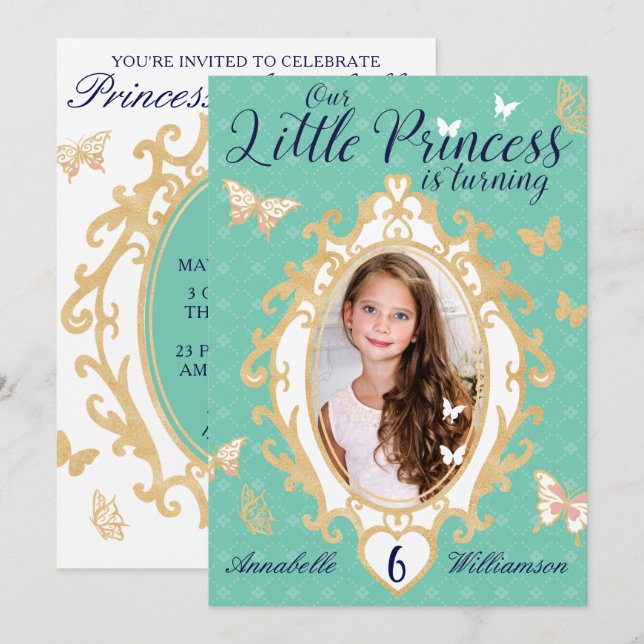 Petite princesse Turquoise et or Invitation d'anni (Devant / Derrière)