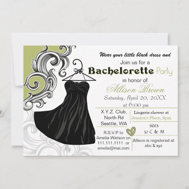 Petite robe noire bachelorette invitation (Devant)