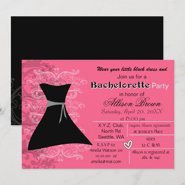 Petite robe noire bachelorette invitation (Devant / Derrière)