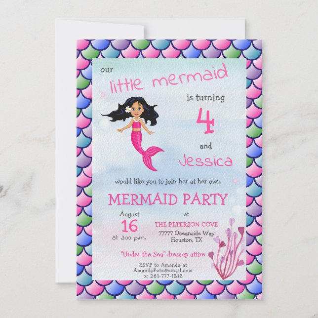Petite Sirène Rose Bleu Anniversaire Invitation (Devant)