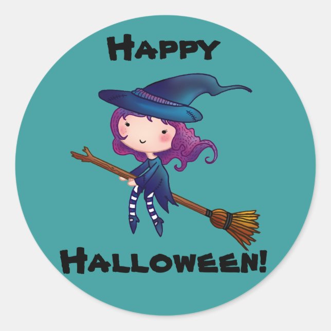 Petite sorcière joyeux autocollants halloween (Devant)