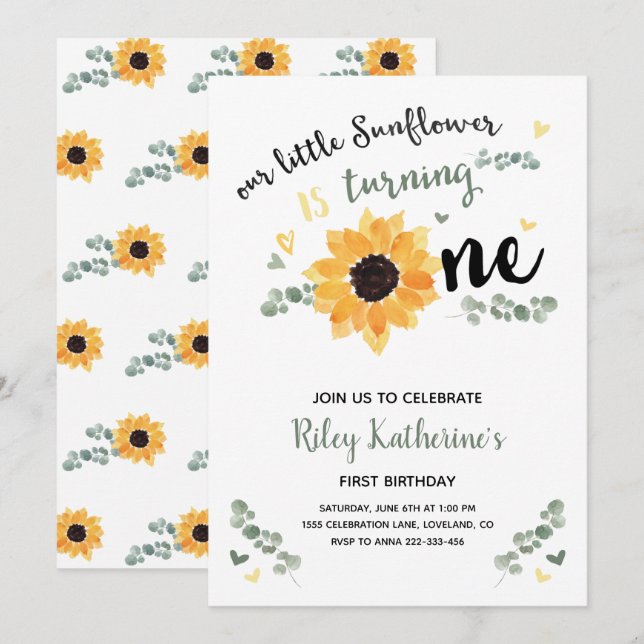 Petite tournesol 1er anniversaire Invitation (Devant / Derrière)