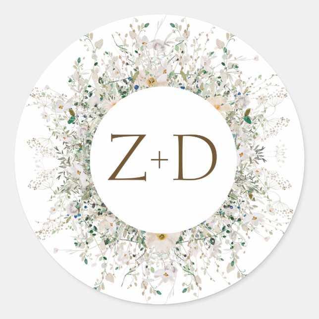 Petite Wildblume Monogram Wedding Runder Aufkleber (Vorderseite)