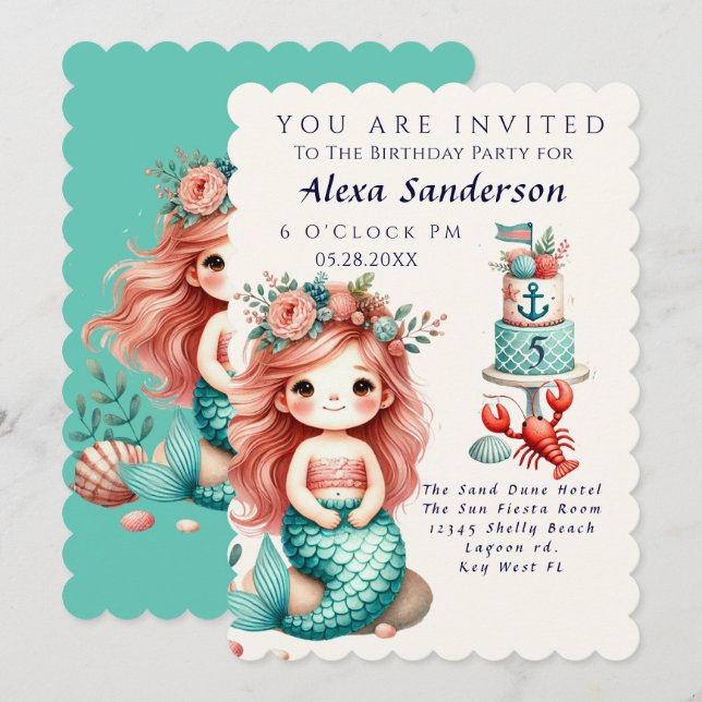 Petites filles personnalisées Sirène Invitation de (Devant / Derrière)