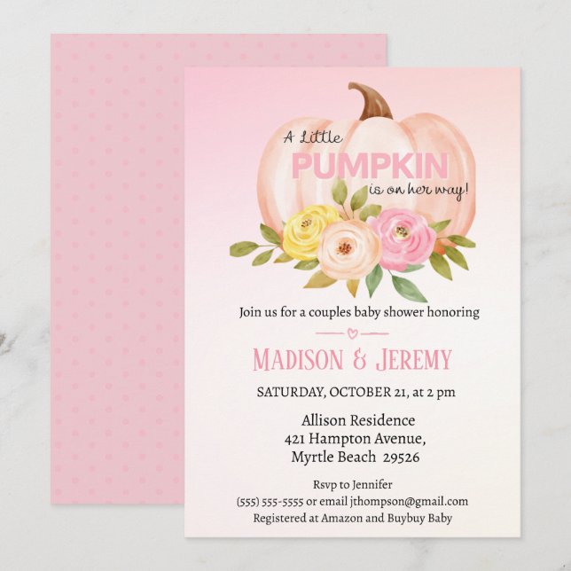 Petites filles roses Citrouilles Invitation Baby s (Devant / Derrière)