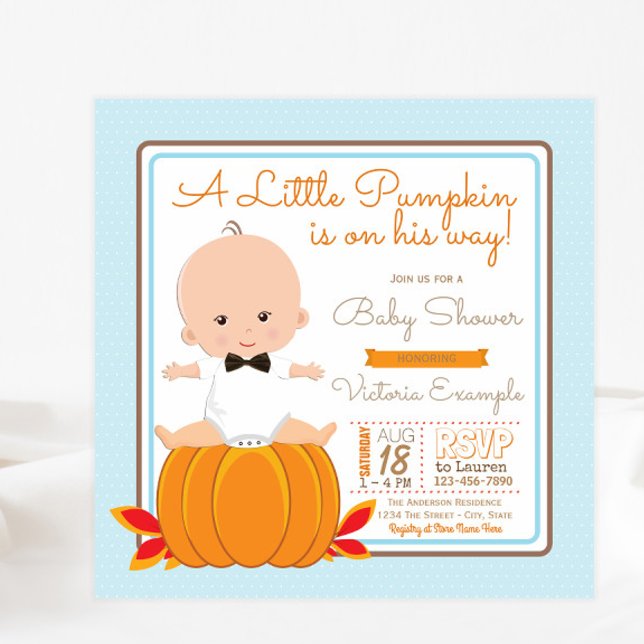 Petits Baby showers Citrouilles Invitation (Cute little pumpkin baby shower invitation with adorable baby boy. Simply add your event details.)