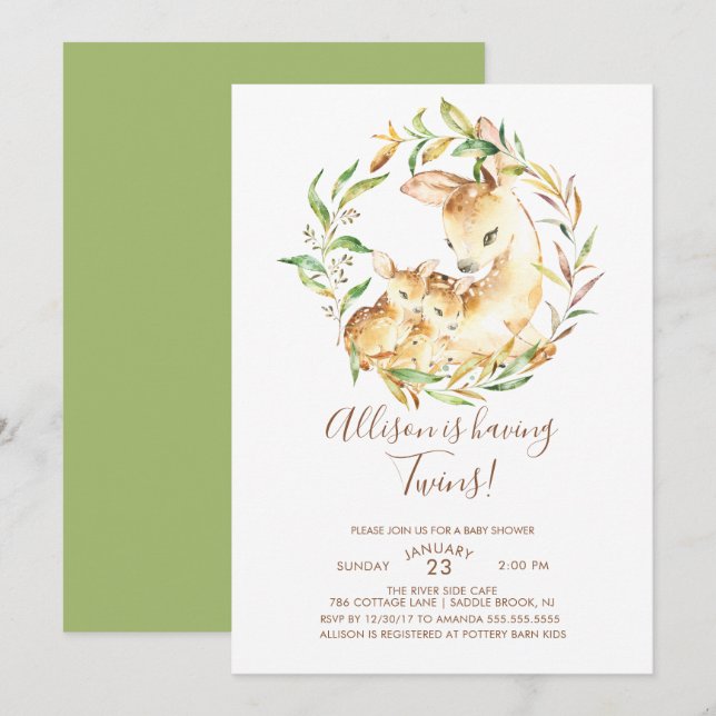 Petits Cerfs Twins Baby Shower Invitations (Devant / Derrière)