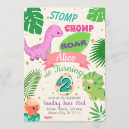 PETITS DINOSAURS FILLE 2E ANNIVERSAIRE INVITATION