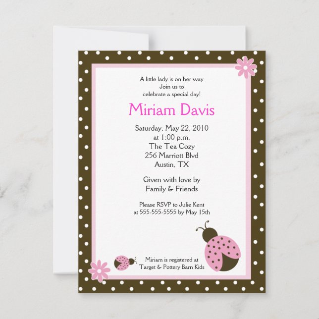 Petits Ladybugs Rose 4x5 Invitations de douche pou (Devant)