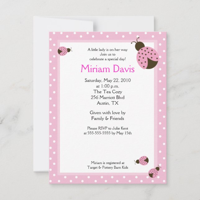 Petits Ladybugs Rose 4x5 Invitations de douche pou (Devant)