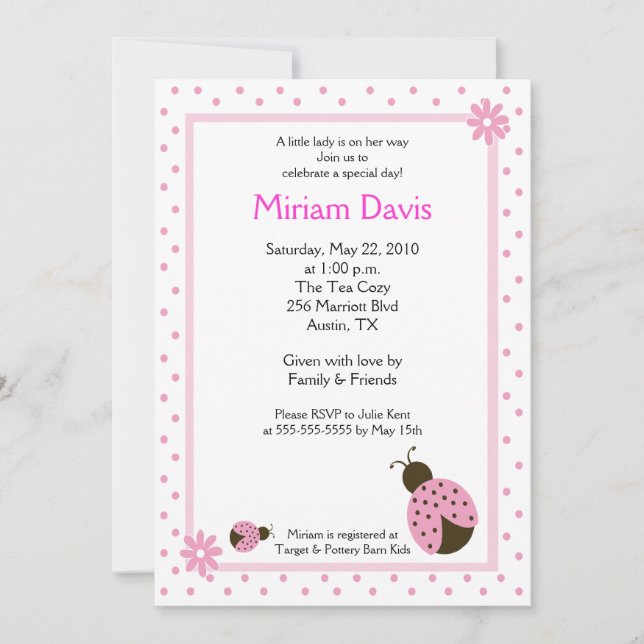 Petits Ladybugs Rose 5x7 Invitations de douche béb (Devant)