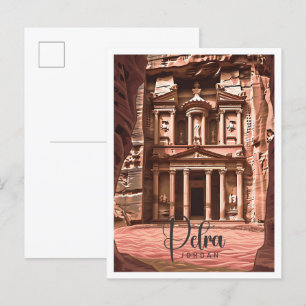 Petra Jordan Vintag Art Travel Illustration Postkarte