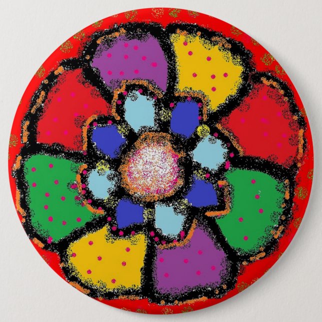 Petrischale Kunstfarben rot lila blau gelb Button (Vorderseite)