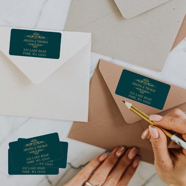 Petrol Green Elegant Golden Frame Address Labels Adressaufkleber (Von Creator hochgeladen)