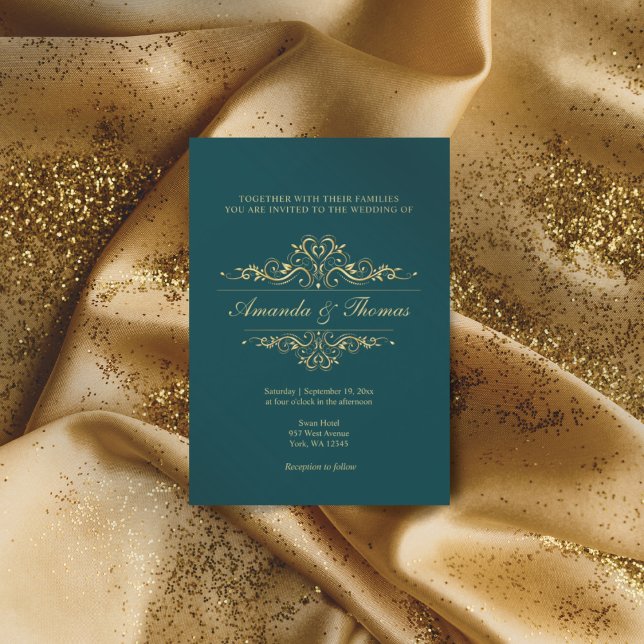 Petrol grün elegante goldene Zierhochzeit Einladung (Von Creator hochgeladen)