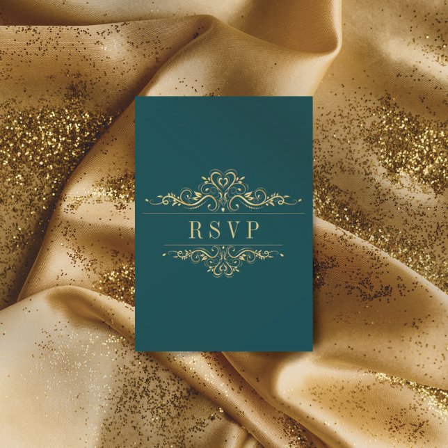 Petrol grün Eleganter Goldener Rahmen RSVP Karte (Von Creator hochgeladen)