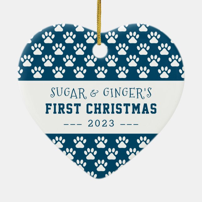 Pet's First Christmas Paws Blue Full Foto Keramik Ornament (Hinten)
