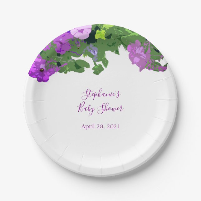 Petunia Floral Eggplant Lila Baby Dusche Custom Pappteller (Vorderseite)