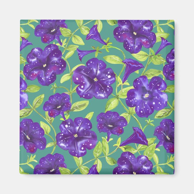 Petunia Night Sky auf aquamarinem Hintergrund Thro Magnet (Vorne)