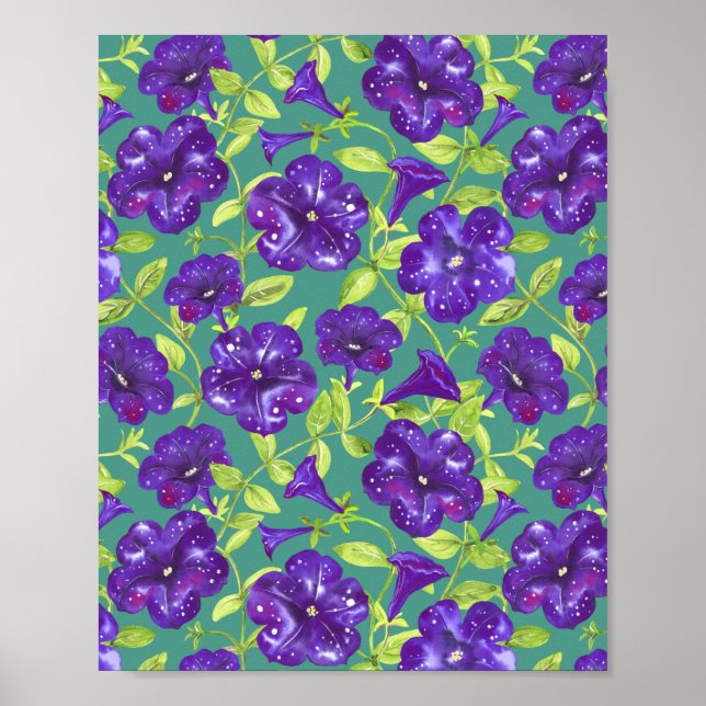 Petunia Night Sky on teal background Throw Pillow  Poster (Vorne)
