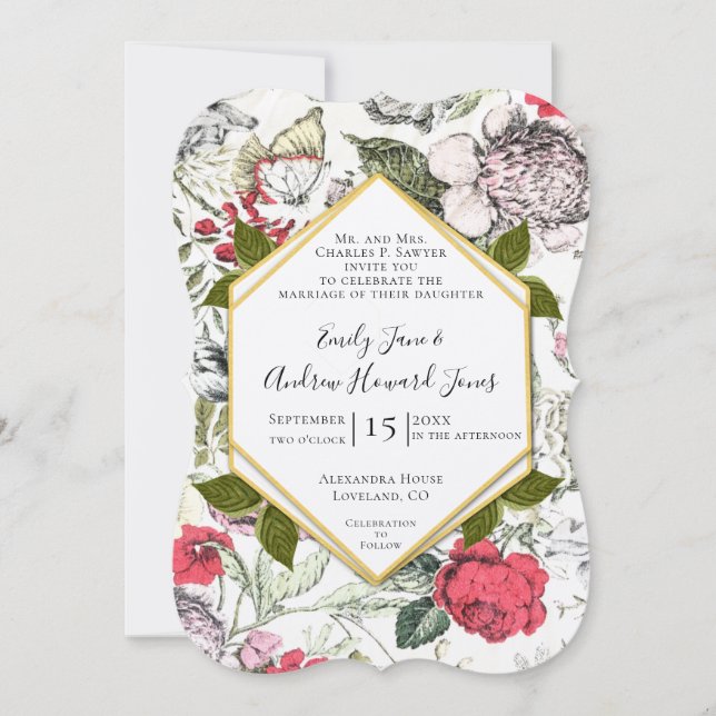 Petunias Rose Fauna Greenerity Wedding Einladung (Vorderseite)