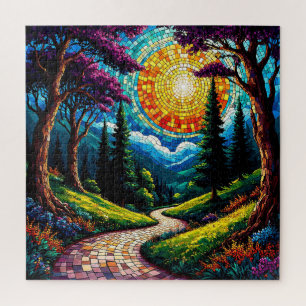 Pfad und lebendige sonnendurchflutete Landschaft