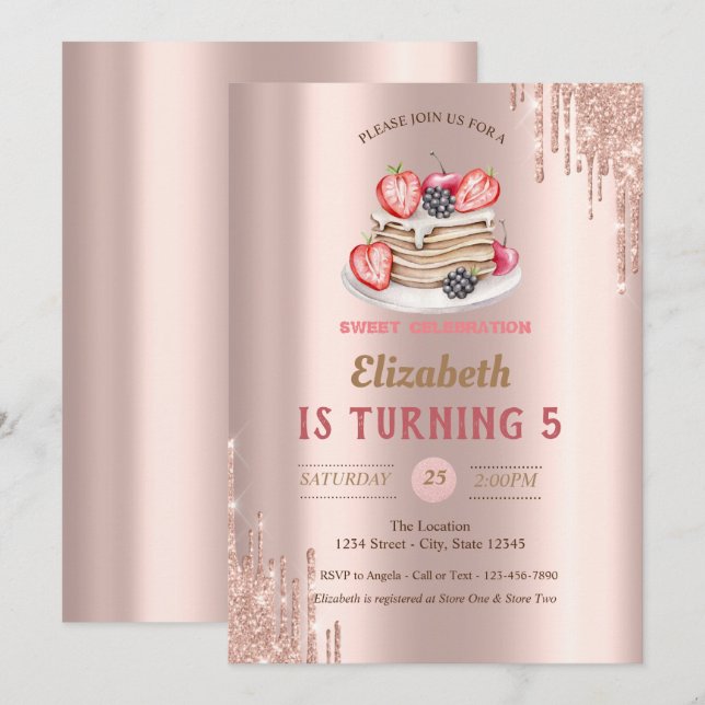 Pfannkuchen, Rose Gold Tropfen Geburtstag Einladung (Vorne/Hinten)