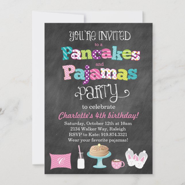 Pfannkuchen-und Pyjama-Tafel-Art-Einladung Einladung (Vorderseite)