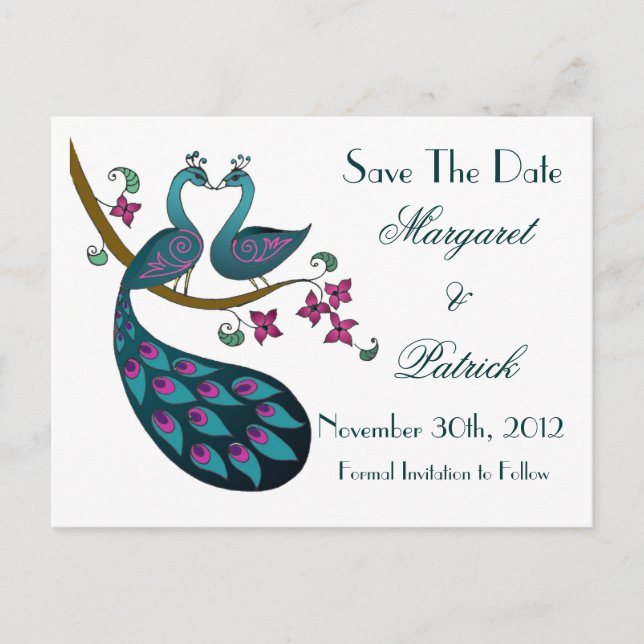 Pfau -1 Save the Date Postkarte (Vorderseite)