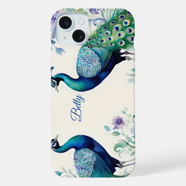 Pfau Aquarell Blumen  iPhone 15 Plus Hülle (Rückseite)