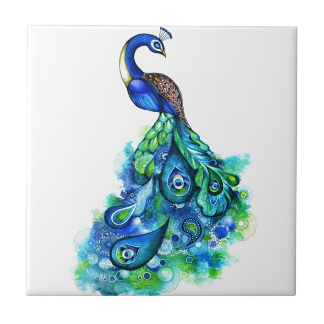 Pfau-Aquarell Fliese (Vorderseite)
