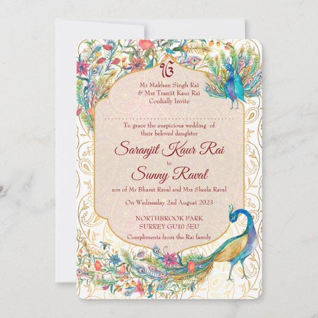 Pfau Arabian Muster indische Hochzeit für Braut Einladung (Vorderseite)