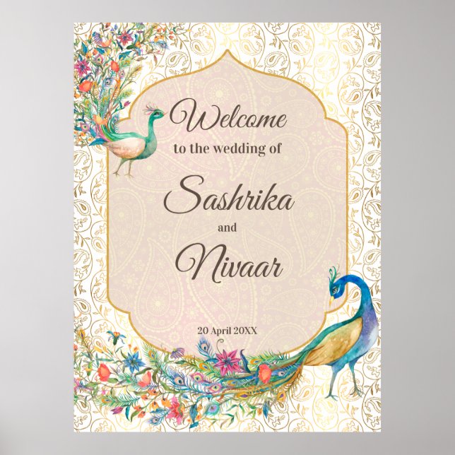 Pfau arabisches Muster indische Hochzeitsempfang Poster (Vorne)