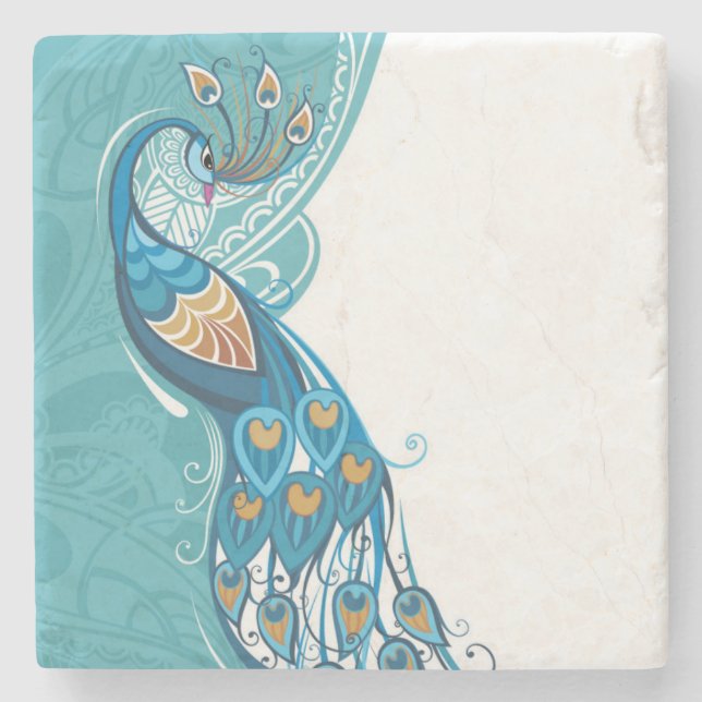 Pfau auf aquamariner Illustration Steinuntersetzer (Vorderseite)
