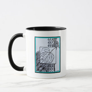 Pfau & Blatt Schwarz & Weiß Tinte Türkisrand. Tasse