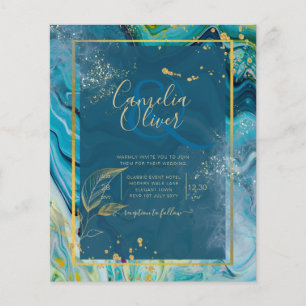 Pfau Blau Gold Tinte Abstrakte Hochzeit Flyer