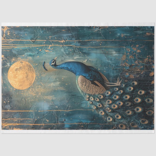 Pfau, blau, grün & gold, Mondschein, Jugendstil Seidenpapier (Vorderseite)